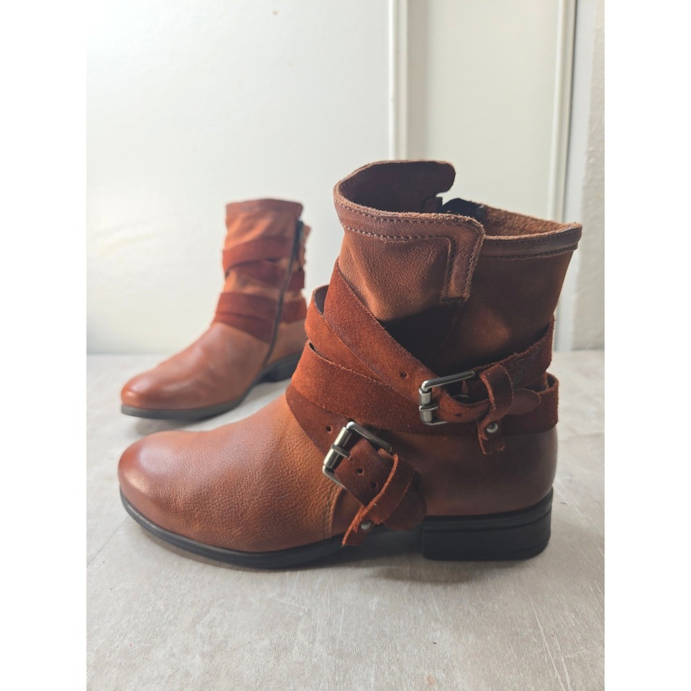 Miz Mooz Shane Ankle Boots Brown Leather Suede Slouchy Moto Biker Buckle Bootie